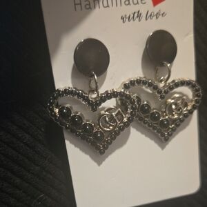 Elegant Black Crystal & Silver Heart Iconic Logo Earrings
